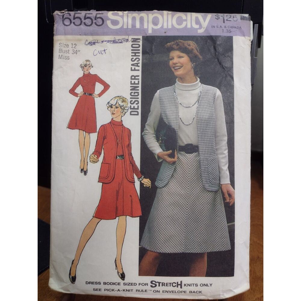 Vintage Simplicity Pattern 6555 Misses Vest & Dress w/ Bias Skirt Size 12 (1974)